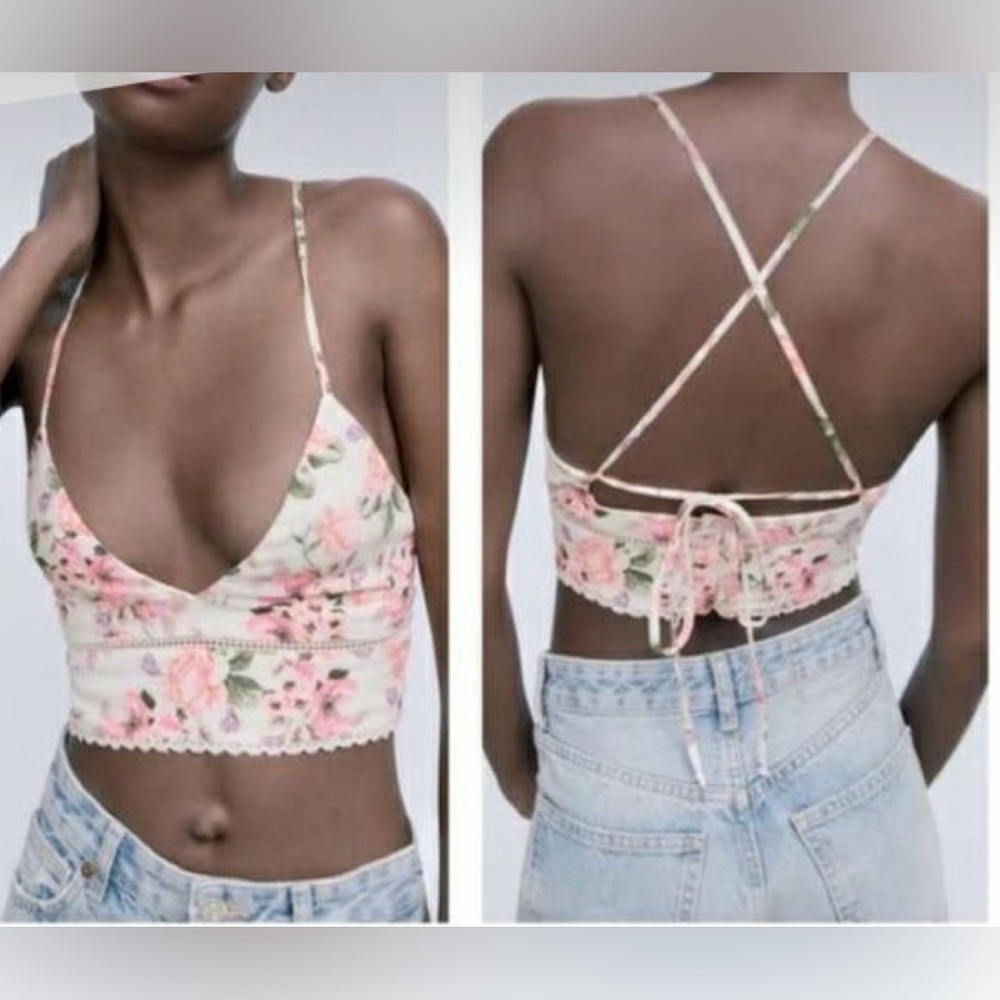 Floral Lace Trim Pink Crop Top with Crisscross Back